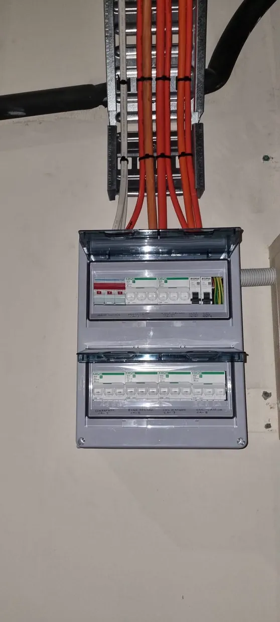 Residential switchboard with two rows of breakers, cables dressed into orange conduit above
